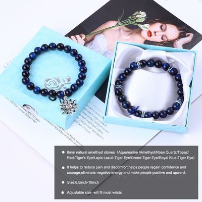 Elastico Rotondo Blu scuro 8mm Occhio di tigre Gemstone Bracelet Energia curativa Gioielli di fascino