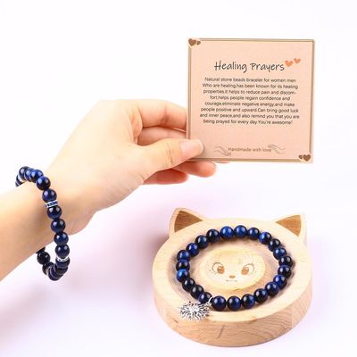 Elastico Rotondo Blu scuro 8mm Occhio di tigre Gemstone Bracelet Energia curativa Gioielli di fascino