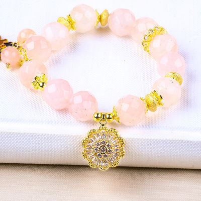 Braccialetto fatto a mano con perline di pietre preziose, rosa naturale, quarzo, gieraffa regolabile, braccialetto da festa, da indossare ogni giorno.