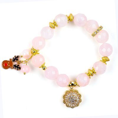 Braccialetto fatto a mano con perline di pietre preziose, rosa naturale, quarzo, gieraffa regolabile, braccialetto da festa, da indossare ogni giorno.