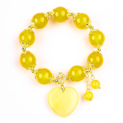 14MM Energia naturale Calcedonia gialla con cuore di giada gialla intagliato Braccialetto di perline di cristallo fortunato