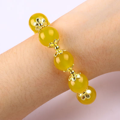 14MM Energia naturale Calcedonia gialla con cuore di giada gialla intagliato Braccialetto di perline di cristallo fortunato