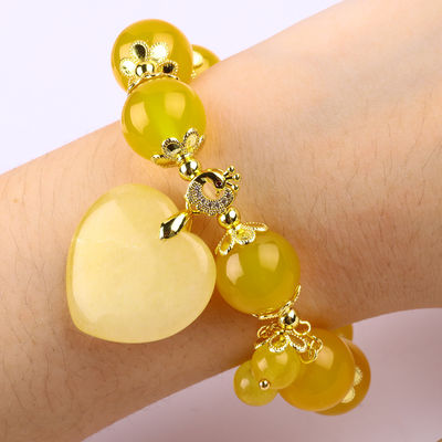 14MM Energia naturale Calcedonia gialla con cuore di giada gialla intagliato Braccialetto di perline di cristallo fortunato