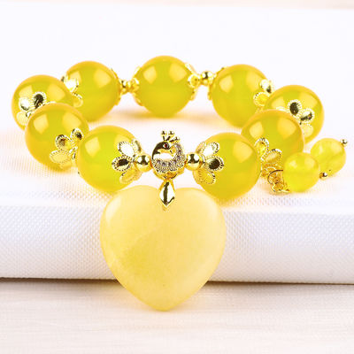 14MM Energia naturale Calcedonia gialla con cuore di giada gialla intagliato Braccialetto di perline di cristallo fortunato