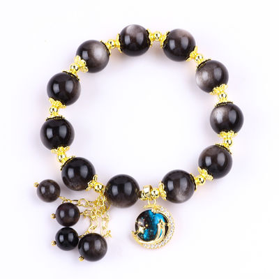 Pietra originale 12 mm di argento ossidiana stella rotonda con incanto lunare braccialetto a perline di cristallo