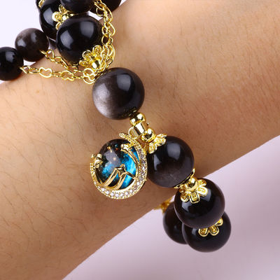 Pietra originale 12 mm di argento ossidiana stella rotonda con incanto lunare braccialetto a perline di cristallo