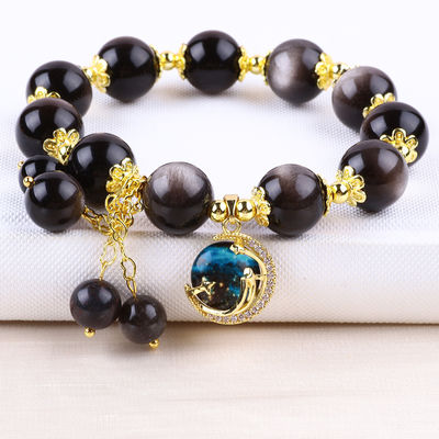 Pietra originale 12 mm di argento ossidiana stella rotonda con incanto lunare braccialetto a perline di cristallo
