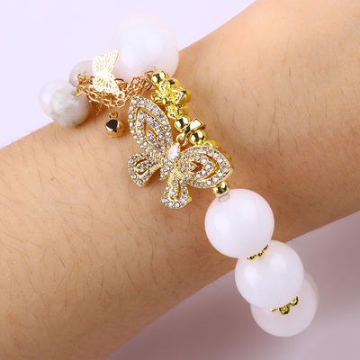 Agate Bianco Naturale 14MM Cristallo Cerchio Unico Stringa a Mano Farfalla Braccialetto Incantatore Per Regalo