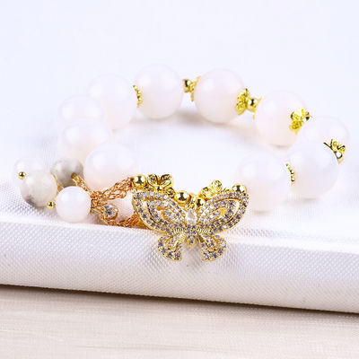 Agate Bianco Naturale 14MM Cristallo Cerchio Unico Stringa a Mano Farfalla Braccialetto Incantatore Per Regalo