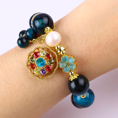 14MM Energy Healing Crystal Blue Tiger Eye Flower Spinner Charm Bead Bracelet Per Indossare Ogni Giorno