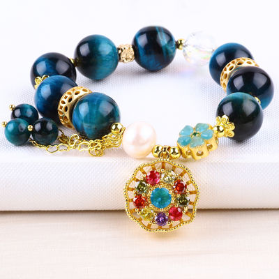 14MM Energy Healing Crystal Blue Tiger Eye Flower Spinner Charm Bead Bracelet Per Indossare Ogni Giorno