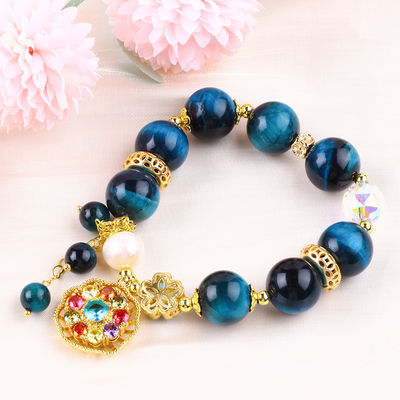 14MM Energy Healing Crystal Blue Tiger Eye Flower Spinner Charm Bead Bracelet Per Indossare Ogni Giorno