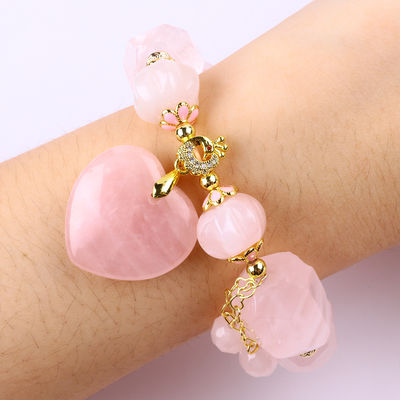 14MM Multi Faced Rose Quartz Stone Cristallo Bracelet Cuore intagliato