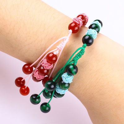 8mm Occhio di tigre verde e rosso calcedonia regolabile corda intrecciata braccialetto di perla di bilanciamento curativo