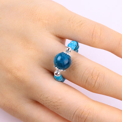Anello a perline in pietra preziosa a 4 mm fatto a mano Anello regolabile in pietra di apatite blu per il giorno di festa