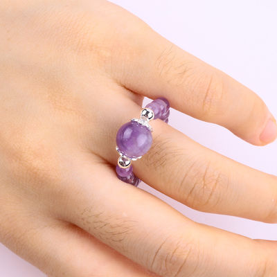 Anello a perline di gemma a mano a 4 mm Anello regolabile di pietre di ametista elastico per il giorno di festa