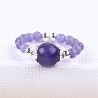 Anello a perline in pietra preziosa artigianale da 4 mm, regolabile, elastico, viola, anello di pietra per gli occhi di gatto, da indossare tutti i giorni.