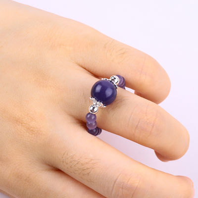 Anello a perline in pietra preziosa artigianale da 4 mm, regolabile, elastico, viola, anello di pietra per gli occhi di gatto, da indossare tutti i giorni.
