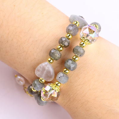 Labradorite e perla d'acqua dolce a forma multiforme di 7 mm, gemma artigianale, orso viola, braccialetto a perline incantato.