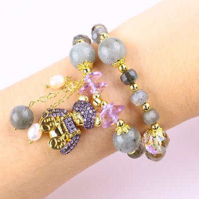 Labradorite e perla d'acqua dolce a forma multiforme di 7 mm, gemma artigianale, orso viola, braccialetto a perline incantato.