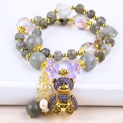 Labradorite e perla d'acqua dolce a forma multiforme di 7 mm, gemma artigianale, orso viola, braccialetto a perline incantato.