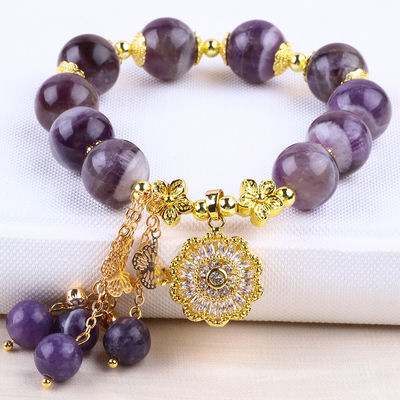 Fatto a mano 12mm Dream Ametista Con Fiore Spinner Charm Benedizione Crystal Bead Bracelet