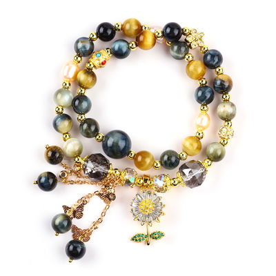 Unico 8mm con Dream Tiger Eye SunFlower Spinner Charm Blessing Crystal Double Layer Bracelet