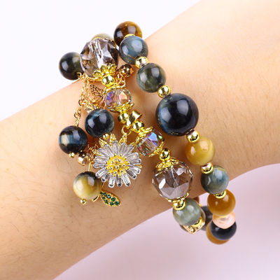 Unico 8mm con Dream Tiger Eye SunFlower Spinner Charm Blessing Crystal Double Layer Bracelet