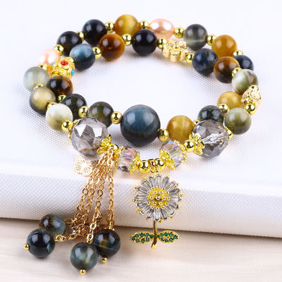 Unico 8mm con Dream Tiger Eye SunFlower Spinner Charm Blessing Crystal Double Layer Bracelet