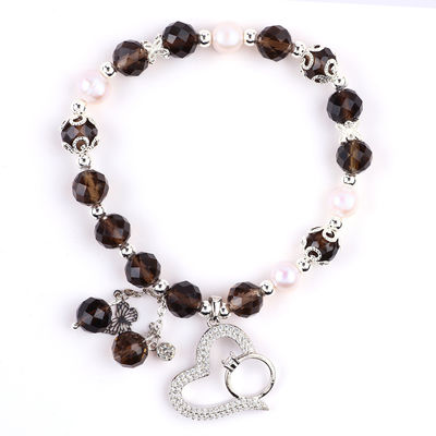Quarzo naturale fumoso e perla bianca Reiki curativo Elastico cuore incantesimo braccialetto stretch