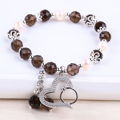 Quarzo naturale fumoso e perla bianca Reiki curativo Elastico cuore incantesimo braccialetto stretch