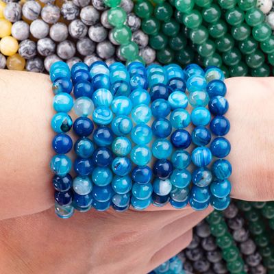 Agata a strisce blu con filamenti di perline a sfera semi-preziosa per la fabbricazione di gioielli fai da te