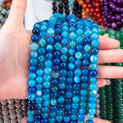 Agata a strisce blu con filamenti di perline a sfera semi-preziosa per la fabbricazione di gioielli fai da te