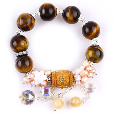 Naturale 14mm splendido occhio di tigre e fiore perla d'acqua dolce con braccialetto a perline a catena d'angolo