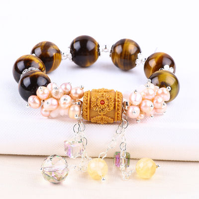 Naturale 14mm splendido occhio di tigre e fiore perla d'acqua dolce con braccialetto a perline a catena d'angolo