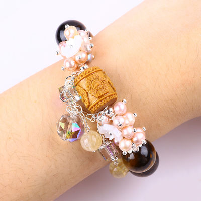 Naturale 14mm splendido occhio di tigre e fiore perla d'acqua dolce con braccialetto a perline a catena d'angolo