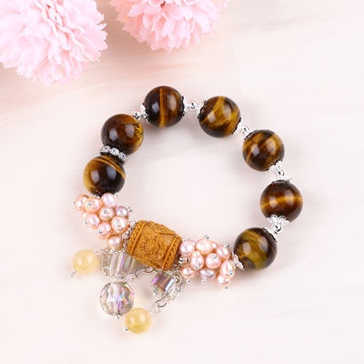 Naturale 14mm splendido occhio di tigre e fiore perla d'acqua dolce con braccialetto a perline a catena d'angolo