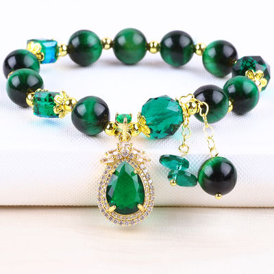 Braccialetto per occhi di tigre verde naturale da 10 mm con rivestimento in oro di rame