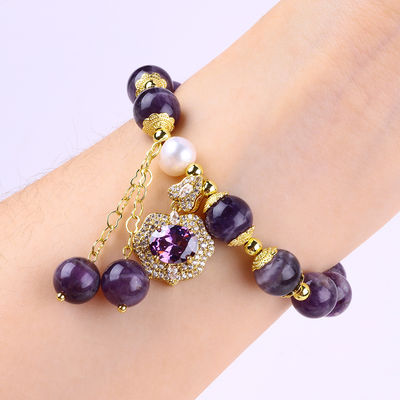 10mm Dream Bead Amethyst Stone Stretch Bracelets con incantesimo viola Bling Bling