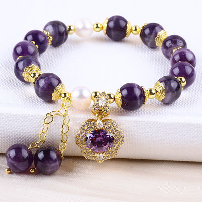 10mm Dream Bead Amethyst Stone Stretch Bracelets con incantesimo viola Bling Bling