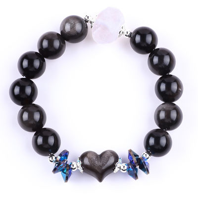 Braccialetto fatto a mano in pietra gemma con perline, argento naturale, lucente, ossidiana, pietra, braccialetto regolabile, cuore, braccialetto per feste.