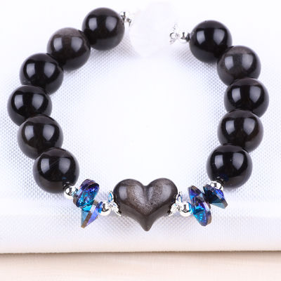Braccialetto fatto a mano in pietra gemma con perline, argento naturale, lucente, ossidiana, pietra, braccialetto regolabile, cuore, braccialetto per feste.