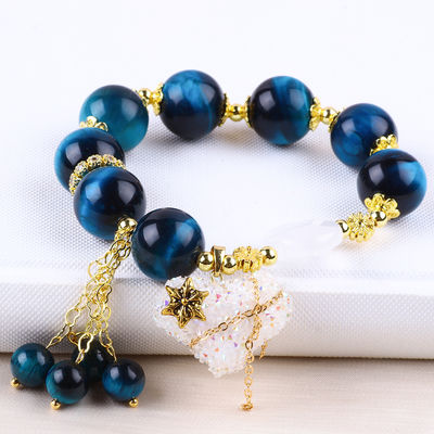 Braccialetto a perline di pietra gemma fatto a mano Occhio di tigre blu naturale Braccialetto di pietra regolabile Amuleti di cuore Braccialetto per festa