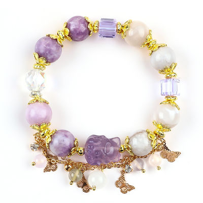 Braccialetto a perline in pietra gemma fatto a mano, viola naturale, Mica, braccialetto in pietra, braccialetto a fascino regolabile, da indossare tutti i giorni.