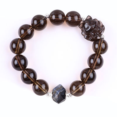 14mm Smoky Quartz Crystal Bead Bracelet con scultura a nove code di volpe