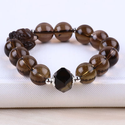 14mm Smoky Quartz Crystal Bead Bracelet con scultura a nove code di volpe