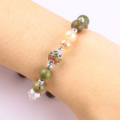 Pietra Unakite E Perla Rosa Con Star Charm Guarigione Equilibrio Bracciale Perla Per Gioielli Regalo