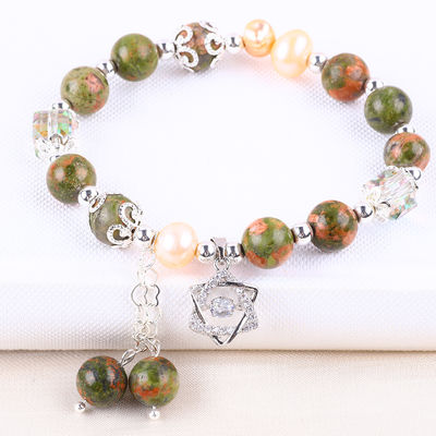 Pietra Unakite E Perla Rosa Con Star Charm Guarigione Equilibrio Bracciale Perla Per Gioielli Regalo