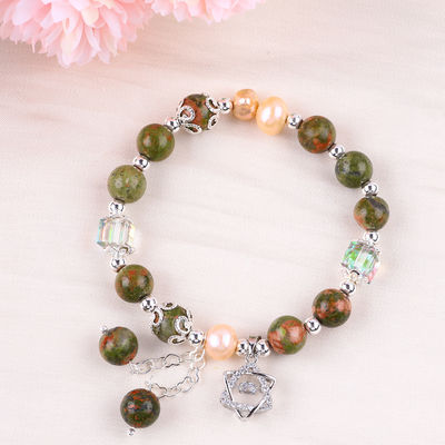 Pietra Unakite E Perla Rosa Con Star Charm Guarigione Equilibrio Bracciale Perla Per Gioielli Regalo
