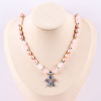 Collare perla di acqua dolce rosa quarzo 6mm perline cristallo maglione collare